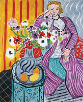 A painting of a woman standing next to a vase of flowers